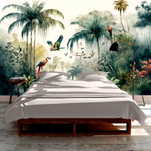 Papel pintado o fotomural dibujo selva tropical en acuarela con palmeras y guacamayos