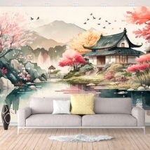 Papel pintado o fotomural acuarela paisaje asiático lago patos y cerezos