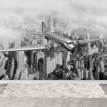 Papel pintado o fotomural avión clásico sobrevuela nueva york blanco y negro