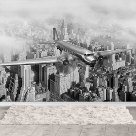 Papel pintado o fotomural avión clásico sobrevuela nueva york blanco y negro