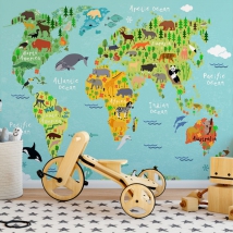 Fotomural o papel pintado mapamundi infantil con dibujos animales y árboles por región