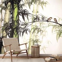 Fotomural o papel pintado paisaje de bambú con pájaros relajante zen