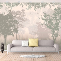 Fotomural o papel pintado ilustración bosque elegante tonos crema