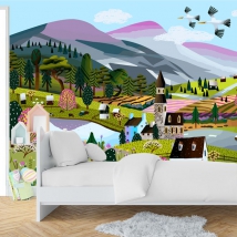Fotomural o papel pintado ilustración infantil pueblo en medio de la naturaleza