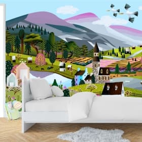 Fotomural o papel pintado ilustración infantil pueblo en medio de la naturaleza
