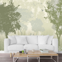 Fotomural o papel pintado dibujo bosque y aves tonos neutros