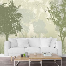 Fotomural o papel pintado dibujo bosque y aves tonos neutros