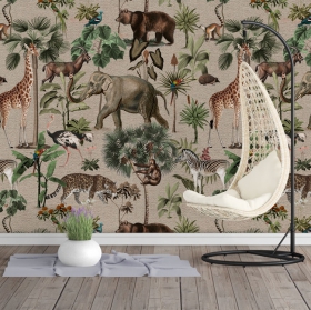 Papel pintado o fotomural dibujo vintage animales estilo papel tapiz