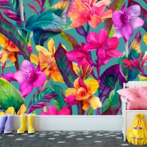 Papel pintado o fotomural dibujo flores clásico tropical