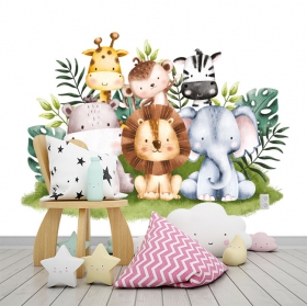 Papel pintado o fotomural dibujo infantil acuarela animales jirafa tigre hipopótamo zebra tigre