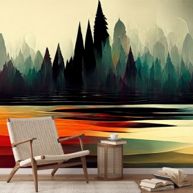 Papel pintado o fotomural ilustración paisaje lago bosque de pinos juvenil moderna