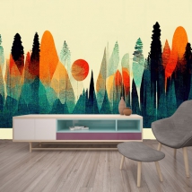 Papel pintado o fotomural pintura paisaje bosque moderno retro