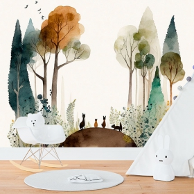 Fotomural o papel pintado gatos bosque acuarela