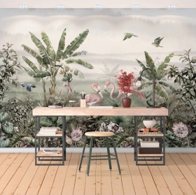 Fotomural o papel pintado ilustración paisaje tropical flamingos plantas y aves