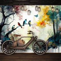 Fotomural o papel pintado dibujo acuarela árboles y aves moderno