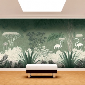 Fotomural o papel pintado dibujo estilo vintage con flamingos y plantas en tonos verdes