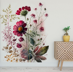 Fotomural o papel pintado ilustración flores en acuarela tonos rojos
