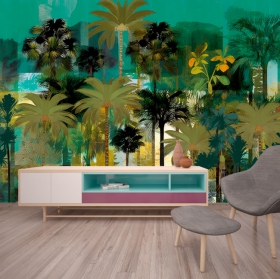 Fotomural o papel pintado ilustracion jungla palmeras hojas
