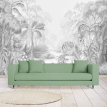 Papel pintado o fotomural dibujo selva tropical plantas palmeras en grises