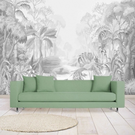 Papel pintado o fotomural dibujo selva tropical plantas palmeras en grises
