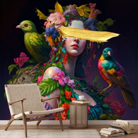 Papel pintado o fotomural pintura mujer con aves y flores tropicales