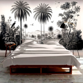 Papel pintado o fotomural ilustración bosque tropical con aves y palmeras