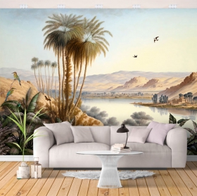 Fotomural o papel pintado dibujo paisaje oriental con lago palmeras y aves