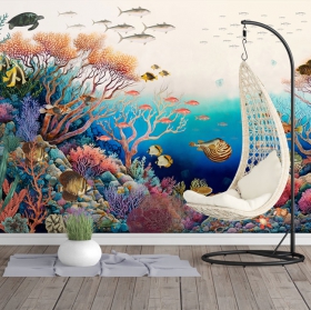 Fotomural o papel pintado ilustración paisaje fondo con vida marina tortuga peces