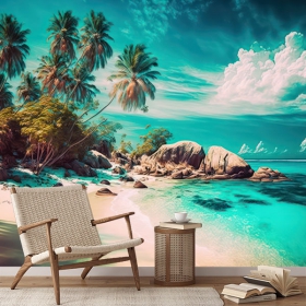 Fotomural o papel pintado ilustración playa caribeña paradisíaca soleado