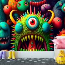Papel pintado o fotomural dibujo infantil juvenil monstruos curiosos