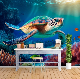 Fotomural o papel pintado ilustración paisaje corales marinos con peces y tortuga primer plano