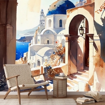 Fotomural o papel pintado dibujo acuarela paisaje isla mediterránea grecia