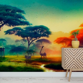 Fotomural o papel pintado dibujo paisaje sabana africana atardecer animales y río
