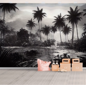 Fotomural o papel pintado paisaje blanco y negro tropical con palmeras y lago