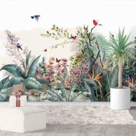Fotomural o papel pintado estilo vintage flores aves y plantas tropicales