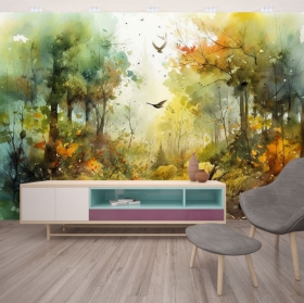 Fotomural o papel pintado dibujo acuarela paisaje bosque en otoño con aves