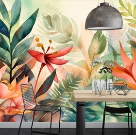 Fotomural o papel pintado dibujo acuarela flores y plantas tropicales