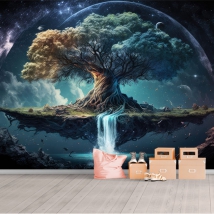 Papel pintado o fotomural árbol de la vida flotando en el espacio con luna