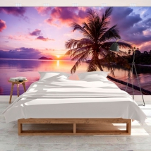 Papel pintado o fotomural atardecer playa caribeña con palmera paradisíaca