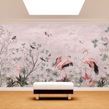 Papel pintado o fotomural dibujo tipo vintage flores plantas y aves con flamingos