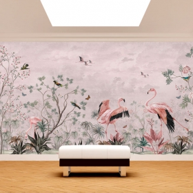 Papel pintado o fotomural dibujo tipo vintage flores plantas y aves con flamingos