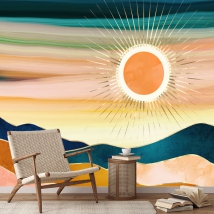 Fotomural o papel pintado pintura paisaje montañas y sol dorado moderno