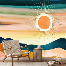 Fotomural o papel pintado pintura paisaje montañas y sol dorado moderno