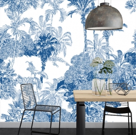Fotomural o papel pintado dibujo tono azul paisaje tropical con palmeras