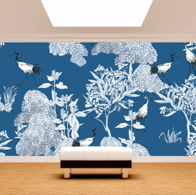 Papel pintado o fotomural dibujo vintage fondo azul árboles y grullas moderno
