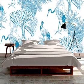 Papel pintado o fotomural dibujo aves y plantas tropicales blanco y azul