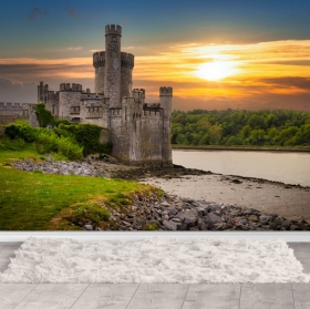 Papel pintado o fotomural castillo en paisaje al atardecer con lago