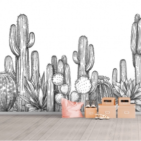 Papel pintado o fotomural dibujo blanco y negro cactus horizontal