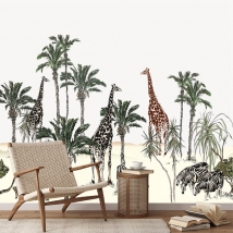 Papel pintado o fotomural dibujo paisaje africano con palmeras guepardo jirafas y zebras