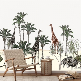 Papel pintado o fotomural dibujo paisaje africano con palmeras guepardo jirafas y zebras
